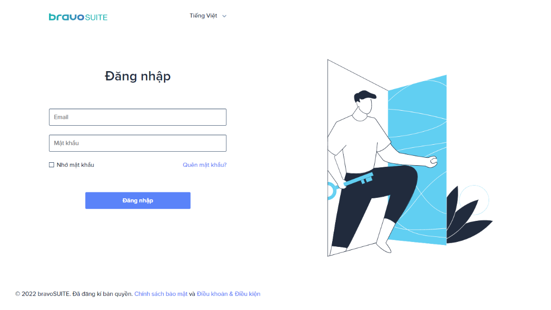 Truy cập vào <a href="https://recruiter.bravosuite.io/">recruiter.bravosuite.io</a>, sau đó đăng nhập bằng tài khoản email mà bạn cung cấp cho nhân viên của chúng tôi. Vui lòng chọn "Quên mật khẩu" để tạo mật khẩu mới của riêng bạn