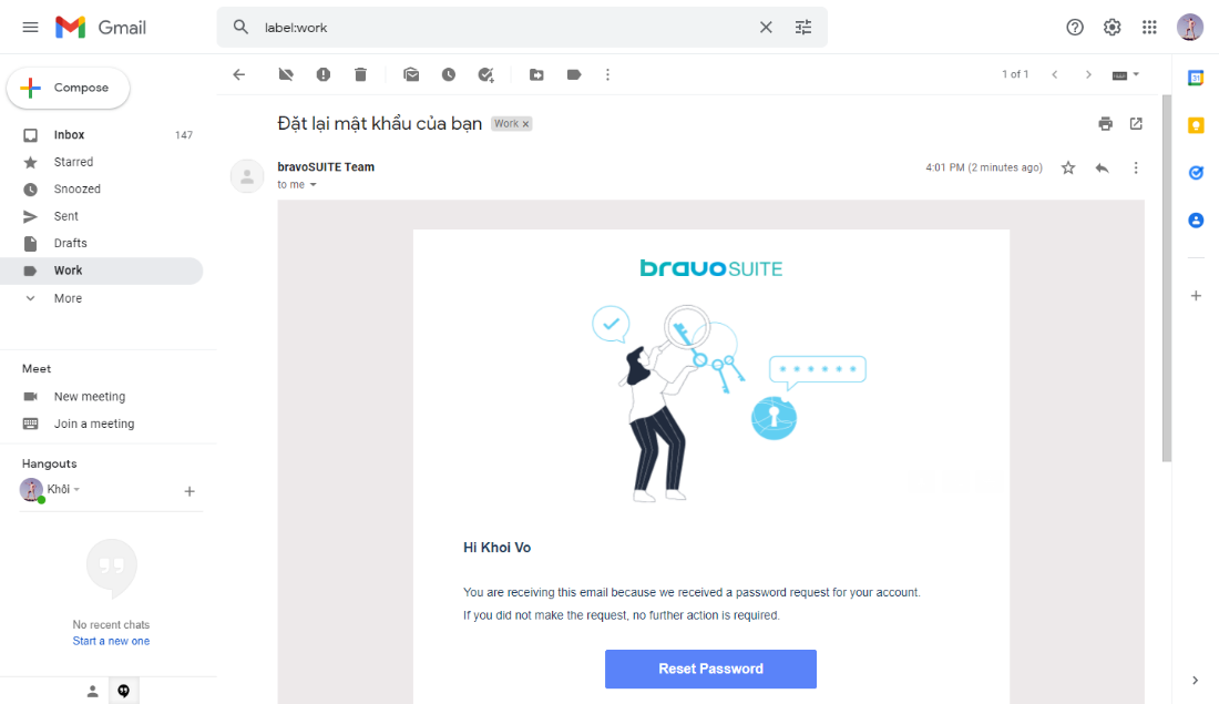 Mở email bạn vừa nhận được từ bravoSUITE Team và nhấn vào đường dẫn với nội dung “Đặt lại mật khẩu" trong email bạn vừa nhận được